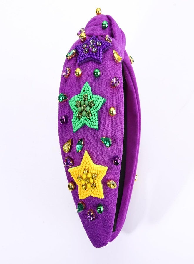 MOLOCH Mardi Gras Headband for Women Beaded Purple Yellow Green Stars Knotted Headband Carnival Jeweled Crystal Top Knot Hairband Fat Tuesday Hair Accessories Gifts - Image 5